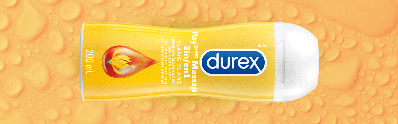 Animation montrant des lubrifiants Durex pour couples et massage, avec des gouttelettes d’eau colorées en arrière-plan.