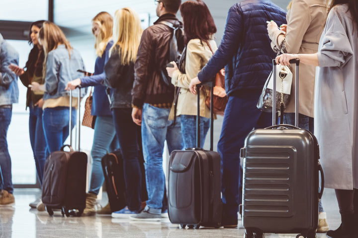 Travellers line up with their suitcases.