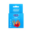 Les condoms Durex Love ont un emballage bleu clair frappé d’un cœur rouge.