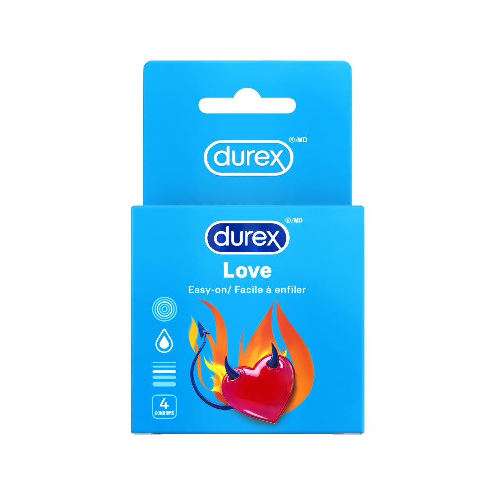 packshot of Durex Love condoms packaged in a bright blue design with red heart.