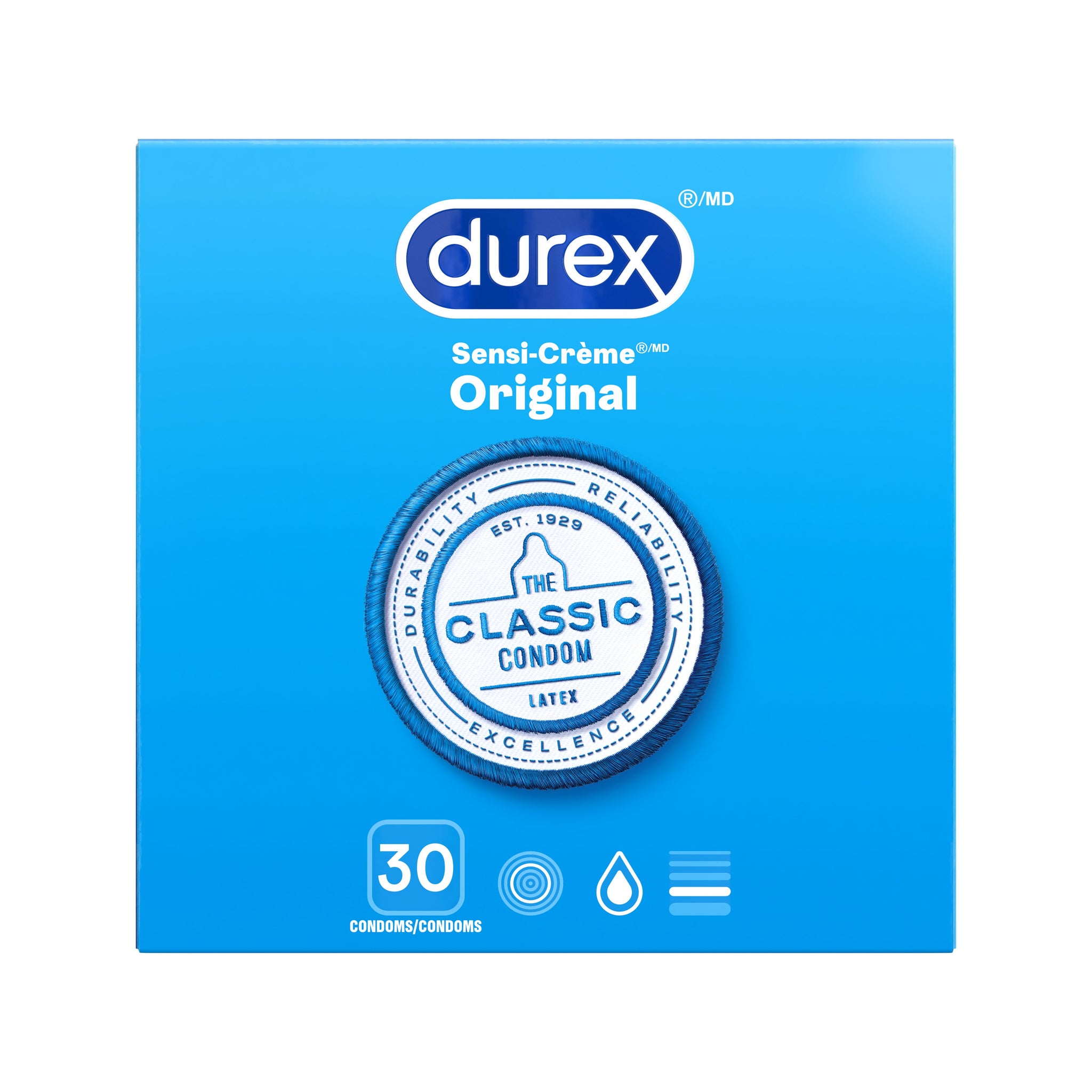 packshot of Durex Sensi-Crème Original condoms, 30 pack.