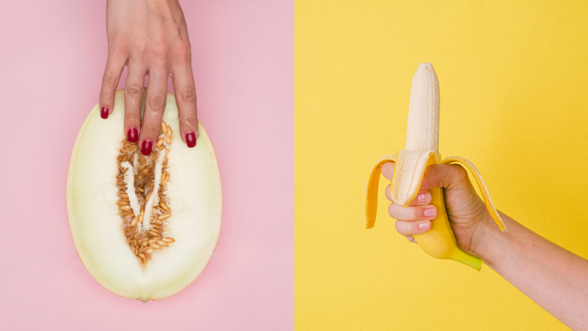 Hand with red nails touching the middle of a cantaloupe next to a hand firmly holding a peeled banana. 
