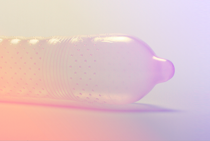 Hyper realistic render of ribbed & dotted condom filled with air. 