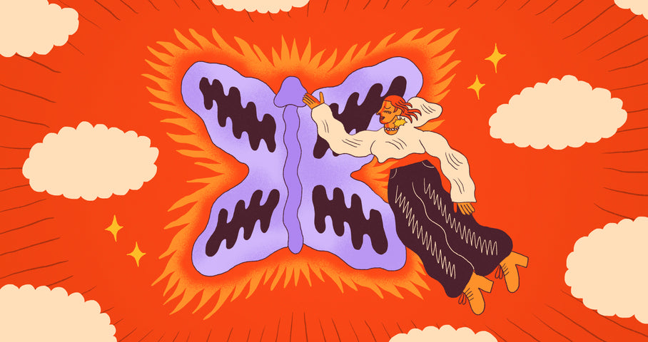 Illustration of person flying in the bright orange sky with a big purple butterfly