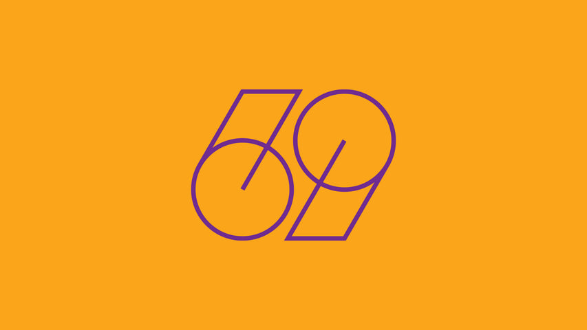The number 69 in purple on an orange background.