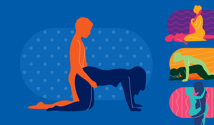 Une illustration présentant quatre positions sexuelles différentes sur fond bleu.