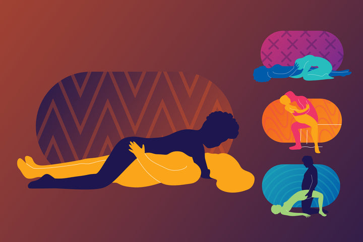 Une illustration présentant quatre positions sexuelles différentes sur fond brun dégradé.
