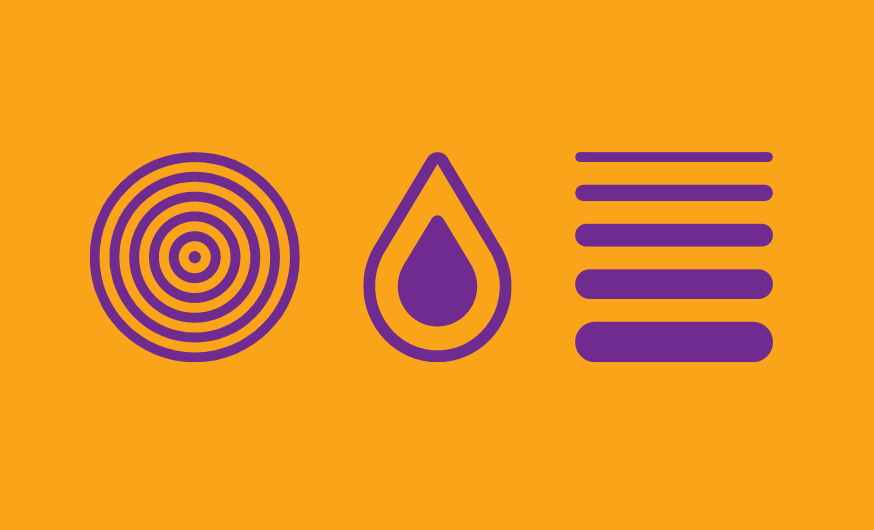 Symbole des anneaux de taille, symbole de la goutte d’eau et symbole des épaisseurs sur fond orange.