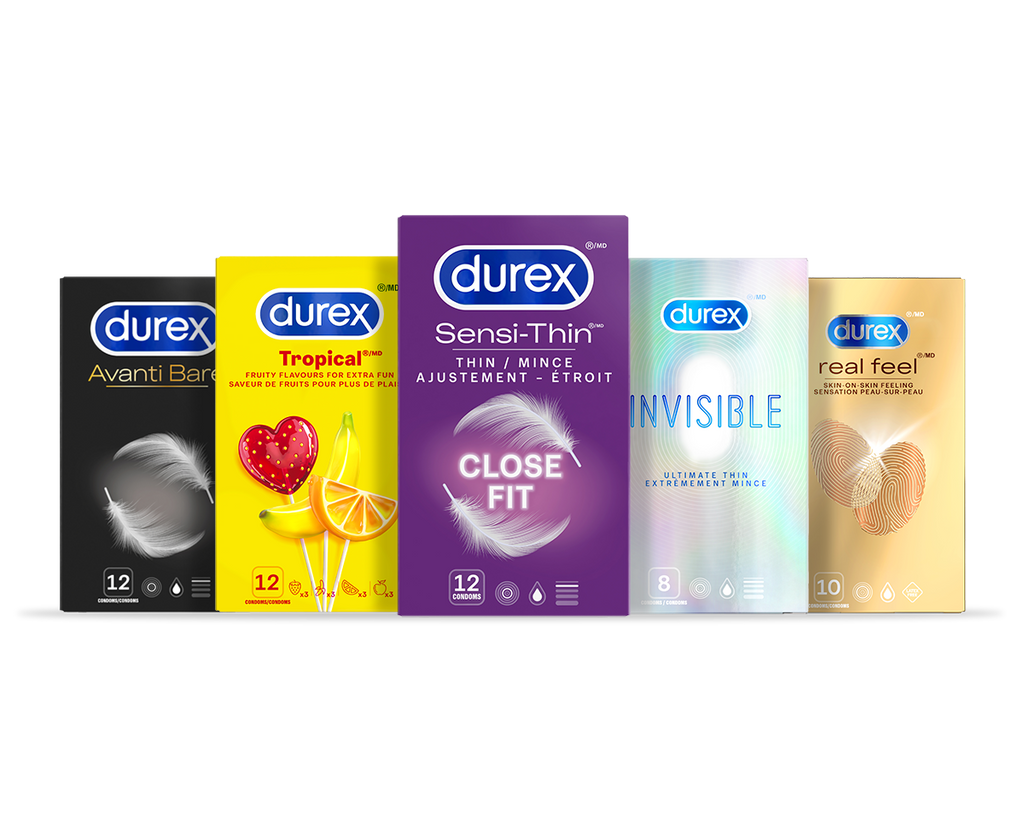 Durex Avanti Bare Ultra Thin packshot, Durex Tropical Condoms packshot, Durex Sensi-Thin Close Fit packshot, Durex Invisible Ultimate Thin Condoms, Extra Lubricated, and Durex Real Feel, Natural Latex-Free Condoms packshot against a purple gradient background.