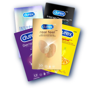 Variety of Durex condom packshots stacked on top of one another.