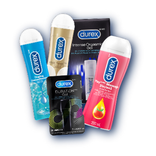 Variety of Durex lubricant packshots stacked on top of one another.