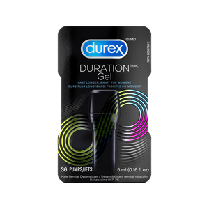 Packaged Durex Duration Gel on a beige background.
