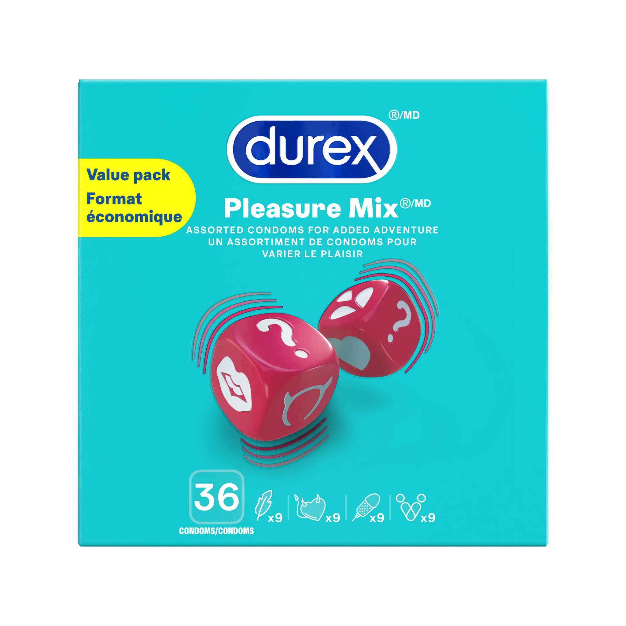 packshot of Durex Pleasure Mix condoms, value pack of 36 count