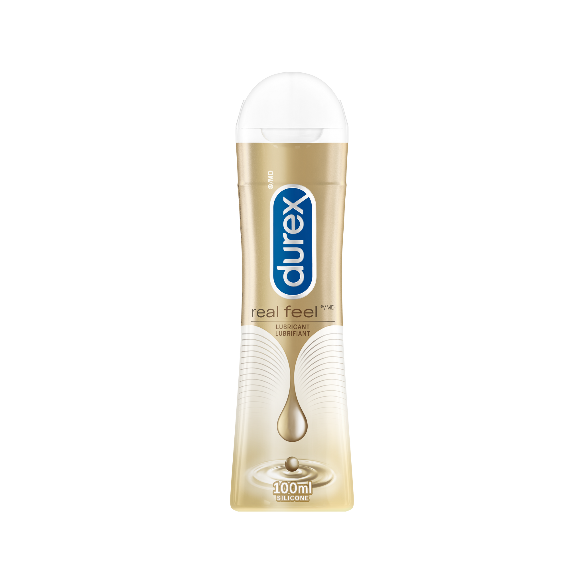 packshot of EN Bottle of Durex Real Feel lube stands tall./ FR Une bouteille de lubrifiant Durex Real Feel en position verticale