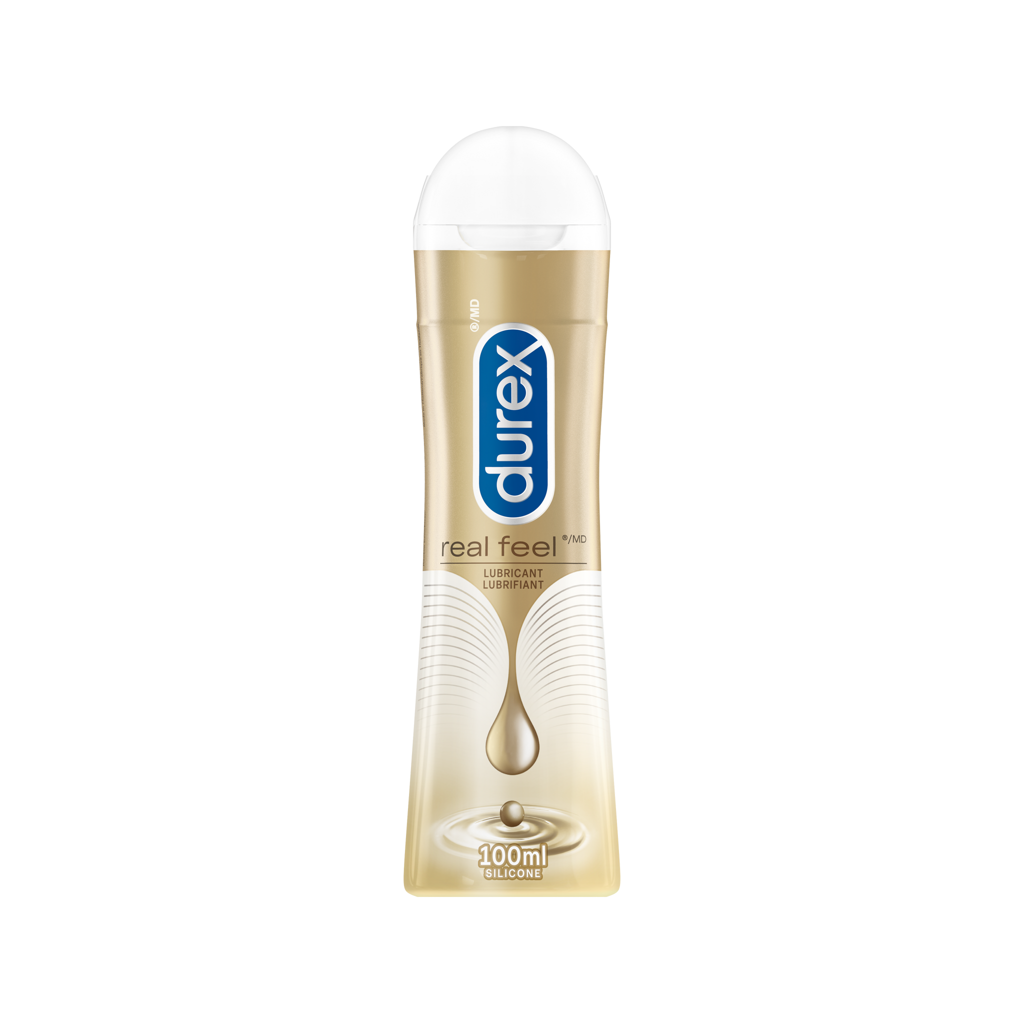 packshot of Bottle of Durex Real Feel lube stands tall.