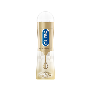 Une bouteille de lubrifiant Durex Real Feel en position verticale