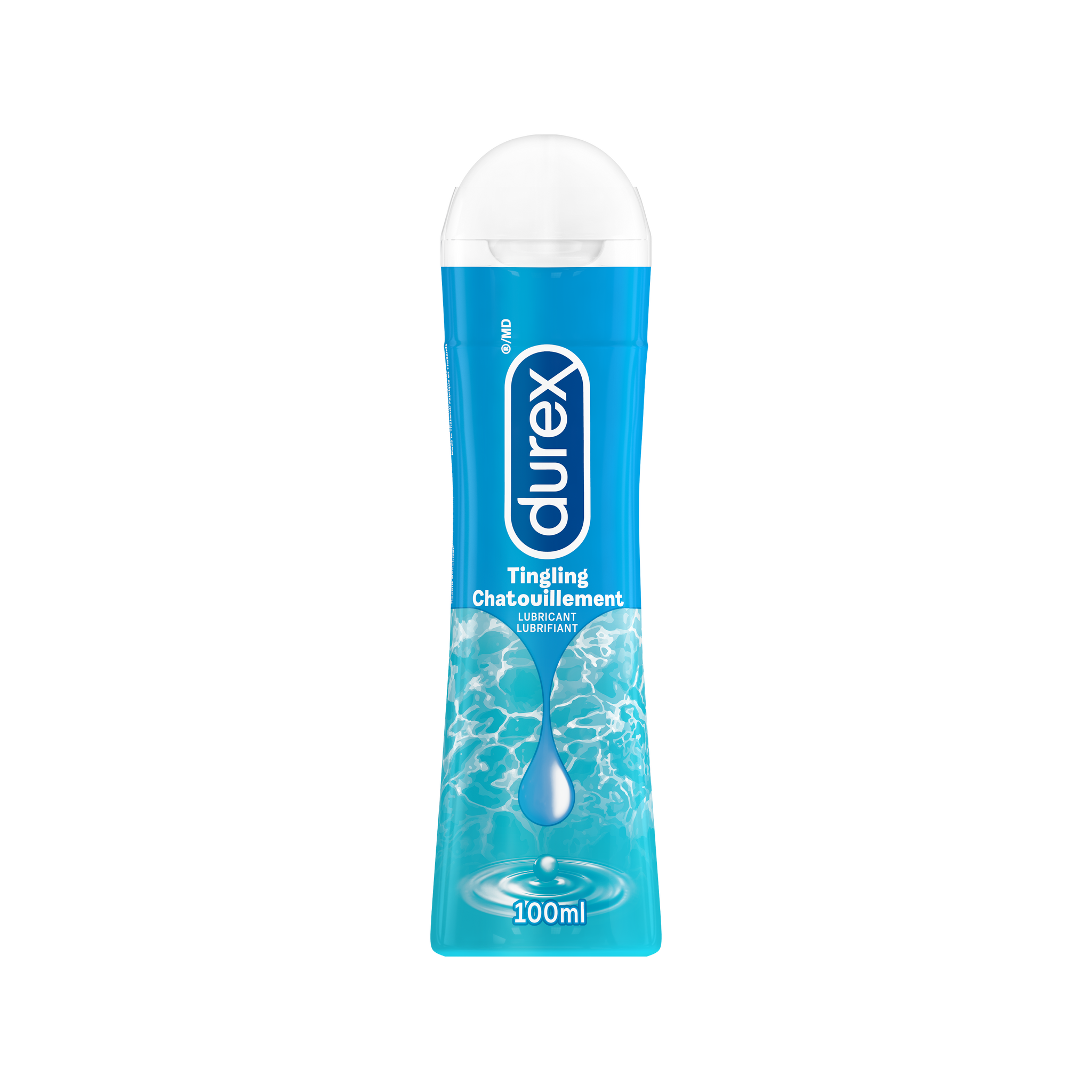 packshot of EN Durex tingling lube in a 100 ml bottle/ FR Lubrifiant Durex Chatouillement en bouteille de 100 mL