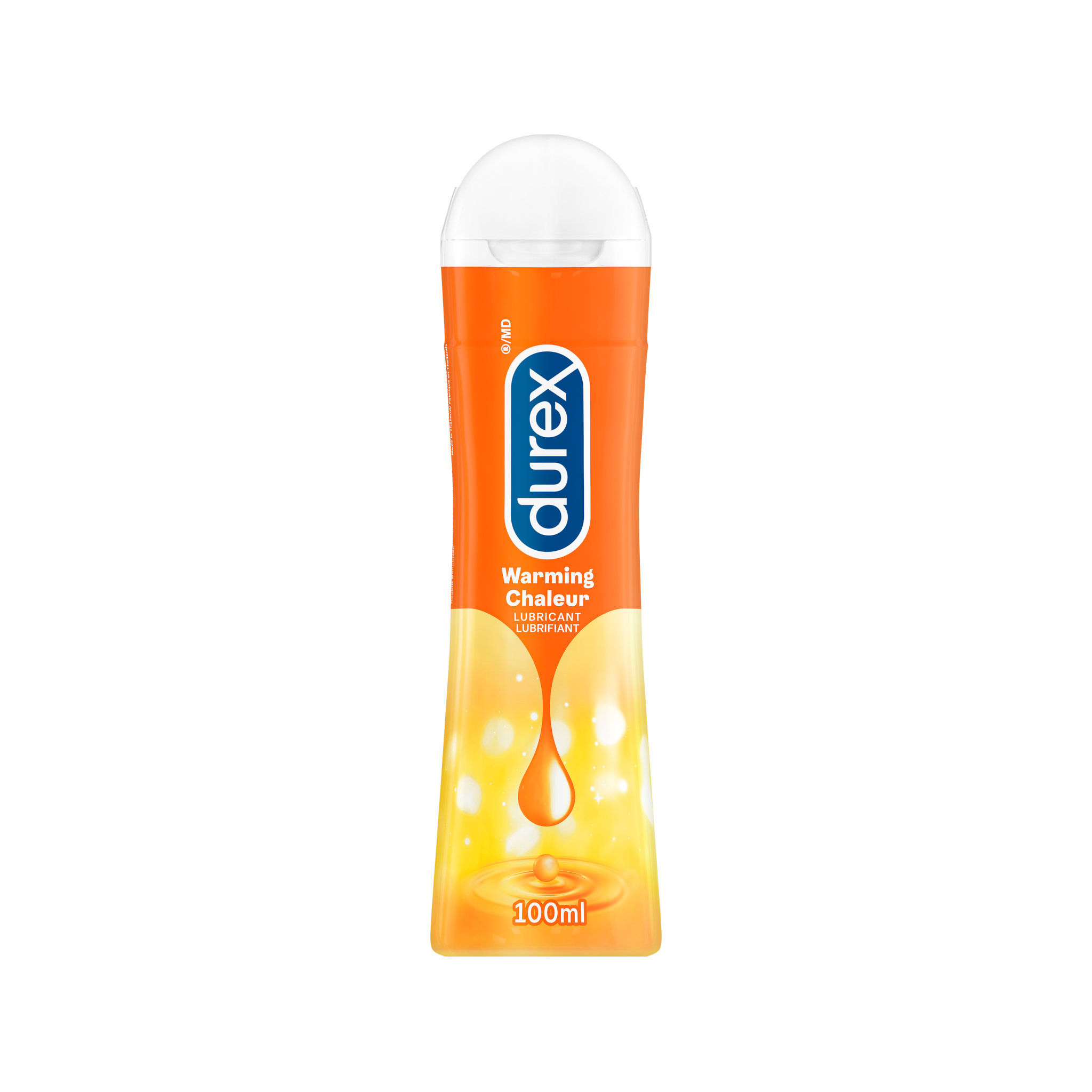 packshot of A 100 ml bottle of Durex Warming Lubricant on a beige background.