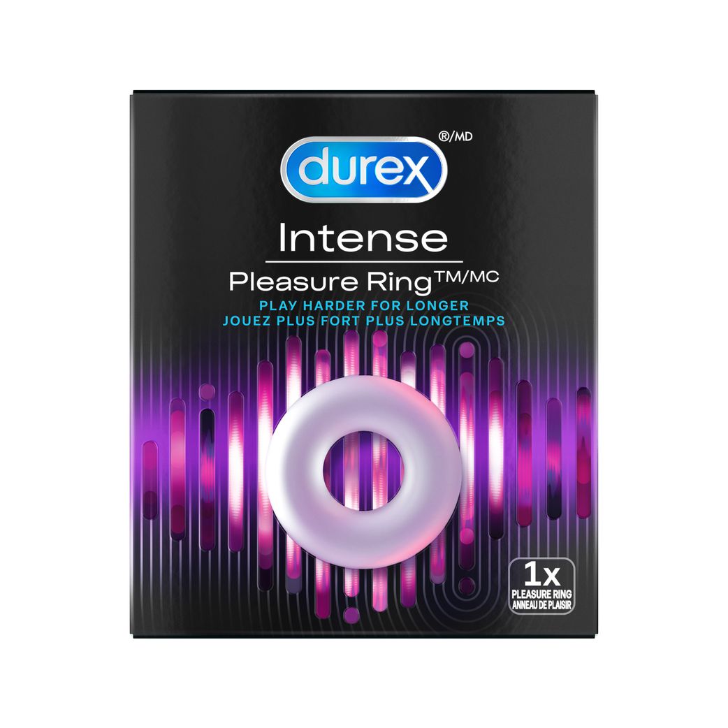 packshot of Durex cock ring in purple and black packaging.
