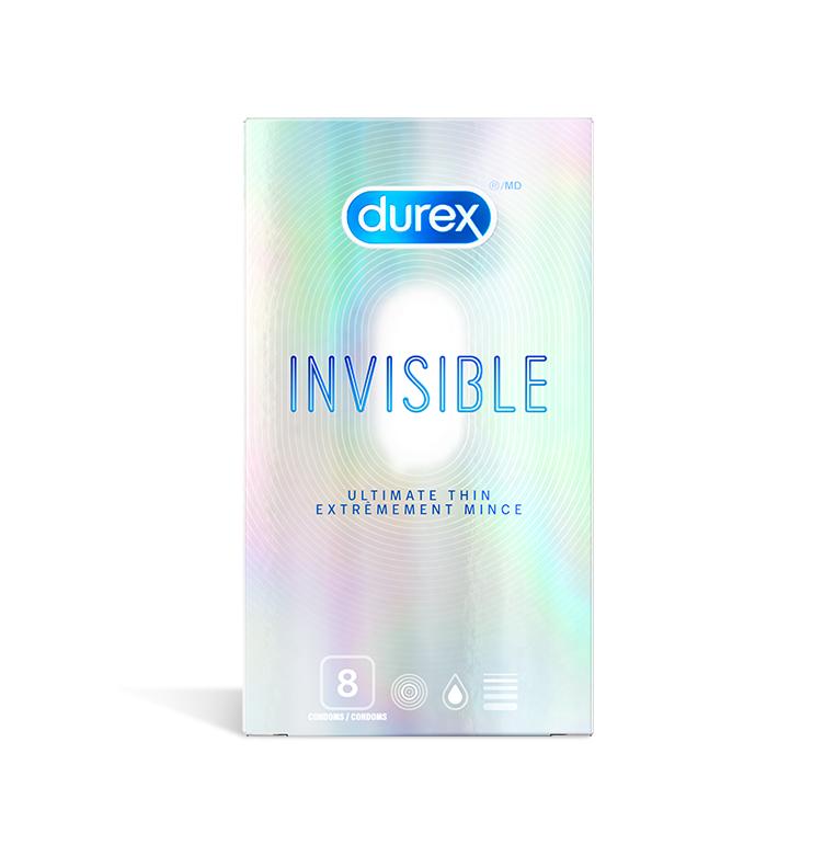 packshot of Durex extra sensitive condoms come in a pack of 8 with unique, shimmery packaging.