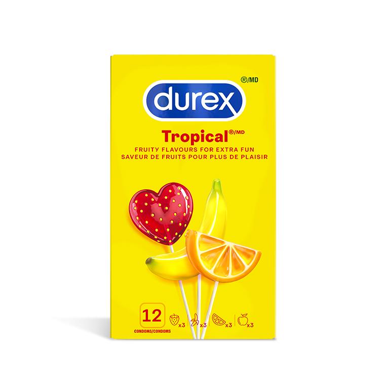 packshot of Durex Tropical, 12 pack with 3 Apple, 3 Orange, 3 Banana, & 3 Strawberry flavoured condoms