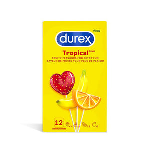 Durex Tropical, 12 pack with 3 Apple, 3 Orange, 3 Banana, & 3 Strawberry flavoured condoms