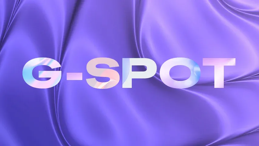 Texte « POINT G » à couleurs dégradées sur un motif mauve rappelant des draps de lit.
