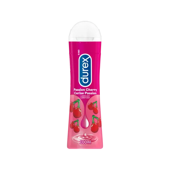 Durex cherry flavoured lube in a pink 100 mL bottle.