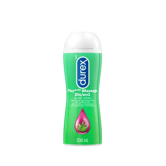 Devant d’une bouteille de lubrifiant Durex Play Massage 2 en 1 Aloe Vera.