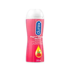Bouteille de Durex Play Massage 2 et 1 Guarana tournée sur le côté.
