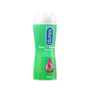 Côté gauche d’une bouteille de lubrifiant Durex Play Massage 2 en 1 Aloe Vera.
