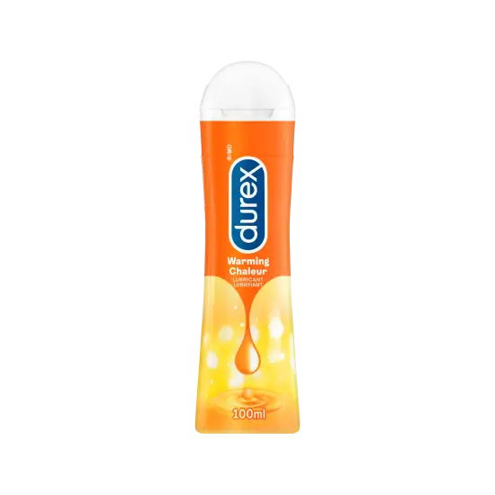 Warming sex lubricant in an orange 100 mL bottle./FR Lubrifiant intime avec effet de chaleur dans une bouteille orange de 100 ml.